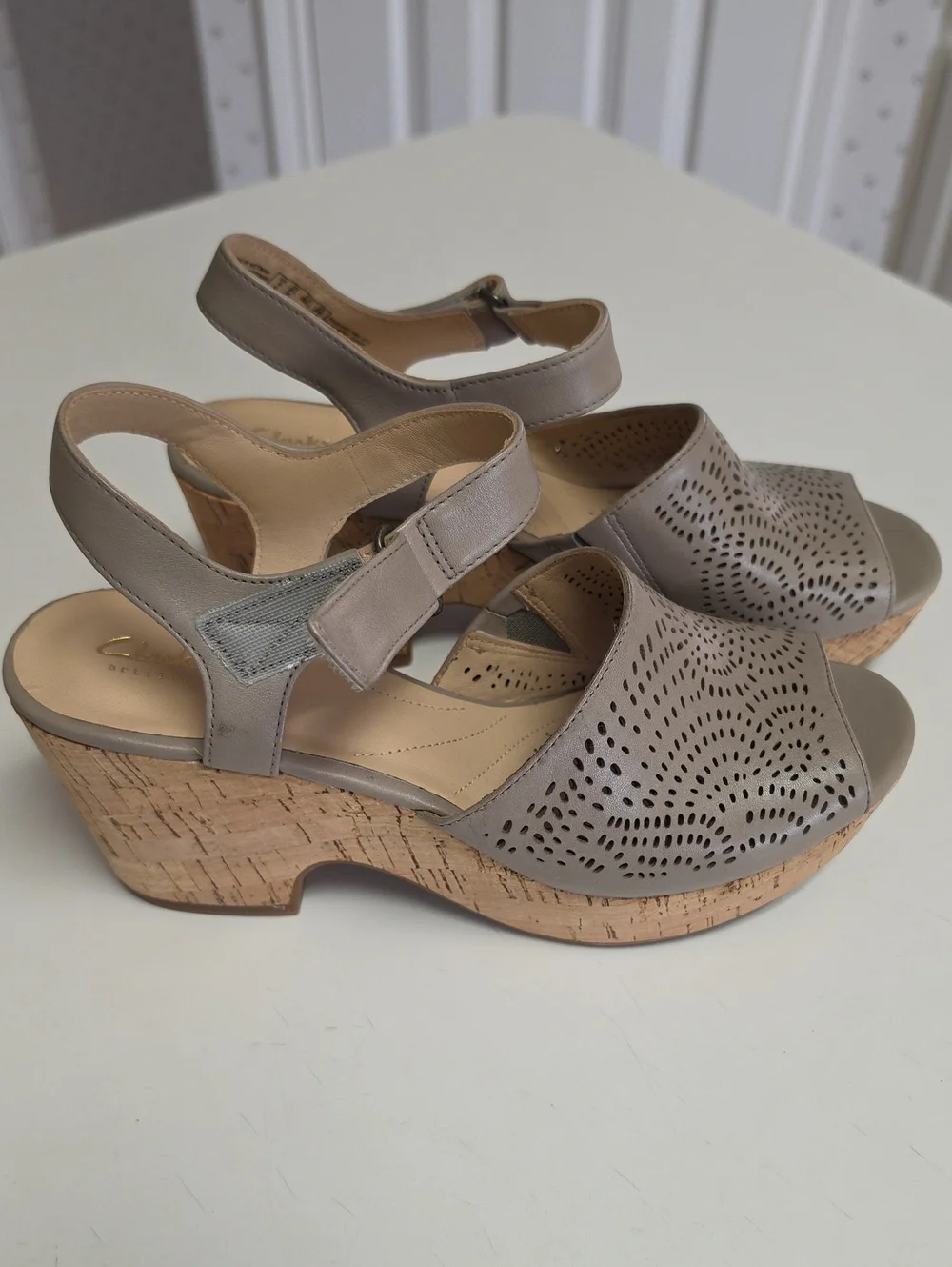 New Clarks Sand Perforated Leather Cork Wedge Sandals. 8.5 Medium